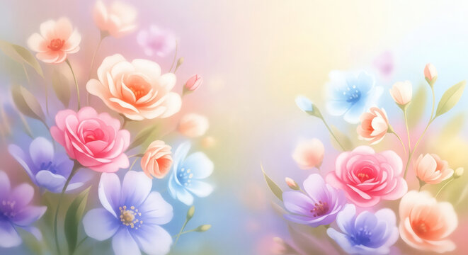 Romantic floral arrangement with pastel roses and blossoms for elegant wedding invitations and gentle spring designs, offering a dreamy, serene touch