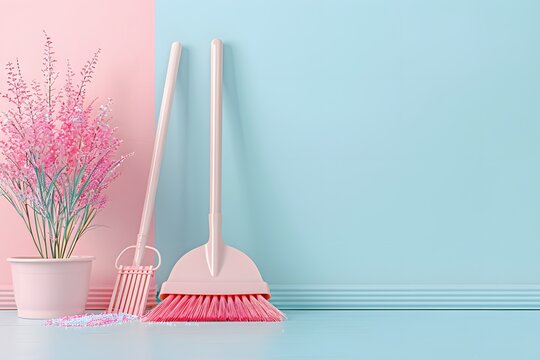 A broom and dustpan sit beside a flower pot filled with pink plants against a colorful wall. The pastel colors create a lively and inviting environment perfect for cleaning - Powered by Adobe