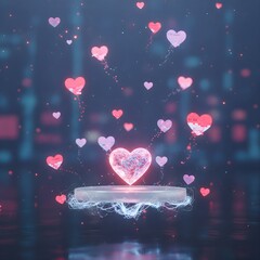 Futuristic Neon Heart Display: Glowing Crystal Love Symbol Floating on an Illuminated Pedestal in a Dark Cityscape