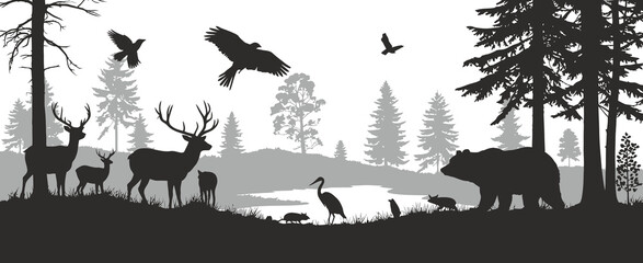 Naklejka premium Bears and deer with birds in a dramatic forest silhouette scene, highlighting wild animal harmony, layered natural scenery, and expressive landscape elements for creative illustration