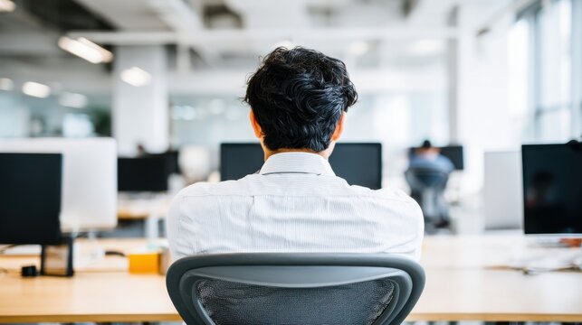 A man sits at an office desk, viewed from behind, surrounded by computer screens and a modern workspace atmosphere.
