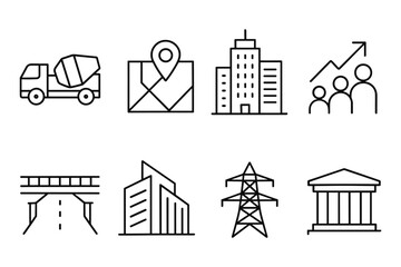 Naklejka premium Urban development icons set: transportation, infrastructure, growth and industry symbols in linear style