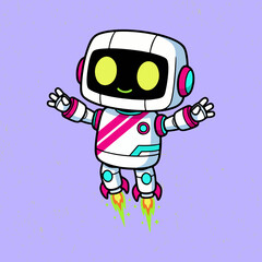 Happy cute robot showing off its glowing power mode in a modern flat vector design, perfect for tech themes, kids content, and creative illustrations.