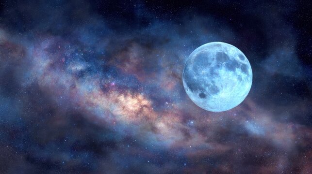 A stunning view of the moon against a backdrop of vibrant cosmic clouds and a starry sky, showcasing the beauty of the universe.