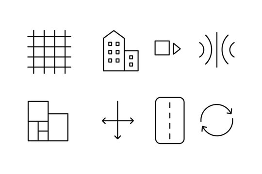 Simple line art icons: urban, geometric, and abstract symbols for design projects