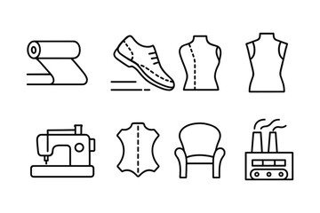 Fashion industry elements: sewing techniques, apparel design, textile manufacturing icons