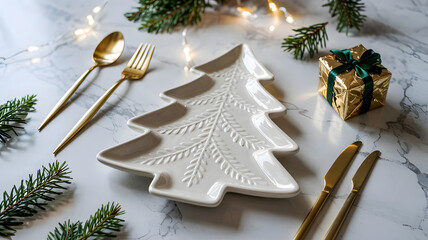 Festive christmas table setting with tree plate, gold cutlery, gift box and pine branches decor