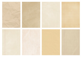Vintage lined and grid checkered paper set, retro notebook pages, old stationery background template