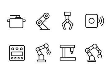 Minimalist icons of industrial robotic equipment for automation and technology