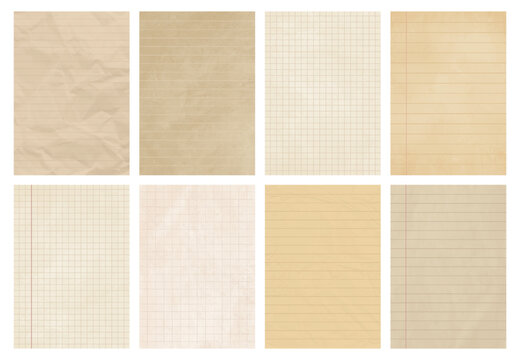 Vintage lined and grid checkered paper set, retro notebook pages, old stationery background template