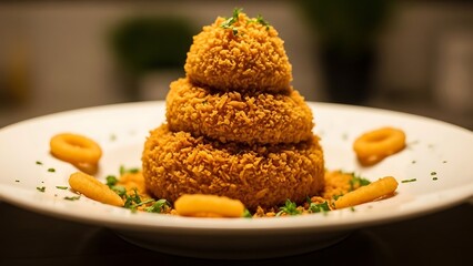 Gourmet fried rice tower with carrot garnish on white plate