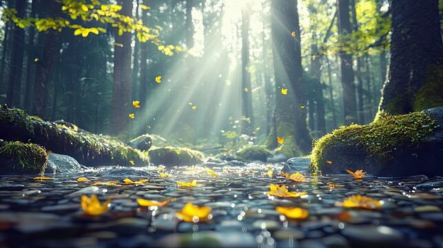 Sunlight streams through a lush forest in autumn, illuminating fallen yellow leaves floating on a shallow, rocky stream. Moss-covered rocks and trees create a s - Powered by Adobe