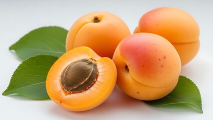 Fresh ripe apricots with green leaves on a white background