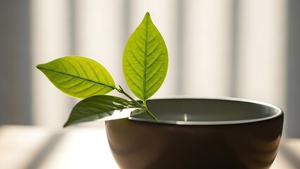 Green plant sprout growing from a dark ceramic pot with soft light