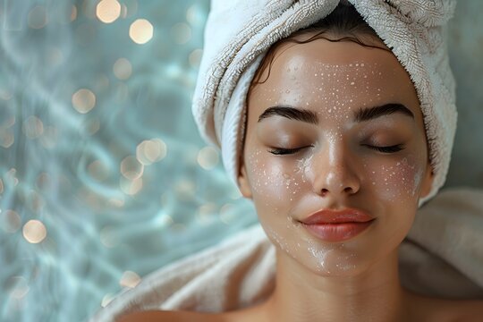 A young woman is resting calmly, lying on a soft towel with a face mask applied. Her hair is wrapped in a towel as she enjoys a spa day by a pool. Bubbles and soft light surround her - Powered by Adobe