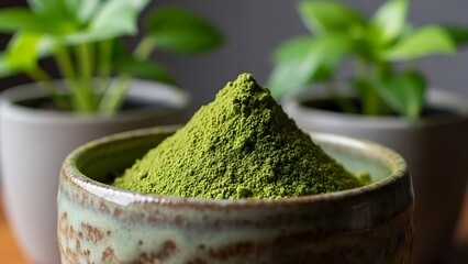 Green matcha powder in rustic ceramic bowl with plants in background