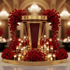 Grand Ornate Podium: Opulent Gold Lectern Decorated with Lush Red Roses and Romantic Candlelight in a Ballroom Setting