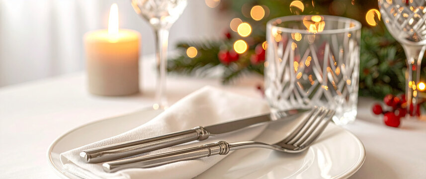 Mesa de navidad elegante con vela encendida, decoraci&oacute;n navide&ntilde;a con rama de abeto y copas de cristal al fondo,  atm&oacute;sfera c&aacute;lida y familiar para celebraciones en familia