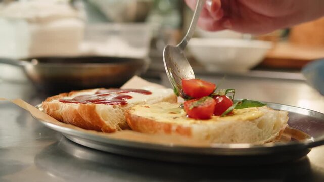 Fish sandwich foccacia with prawns, delicious homemade spicy shrimp sandwich with lettuce, tomato, and tartar sauce.