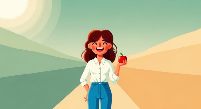 A happy cartoon woman in a sunny landscape holding a red apple.