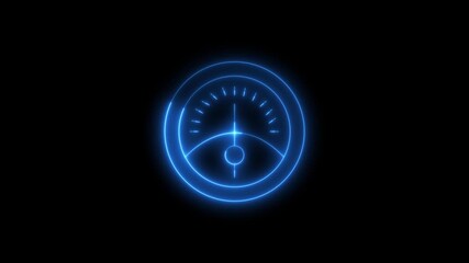 Glowing blue neon gauge meter animation with a sweeping indicator on a dark screen, data visualization, control panel, audio monitoring, or technical performance. - Powered by Adobe