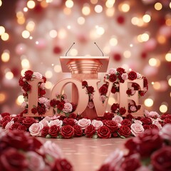Grand Rose Gold Display: Giant "LOVE" Letters and a Lectern Surrounded by Red and Pink Roses with Bokeh Lights