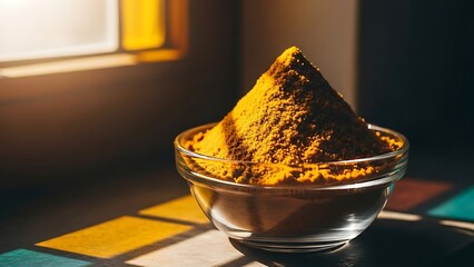 Bright yellow turmeric powder piled high in a clear glass bowl