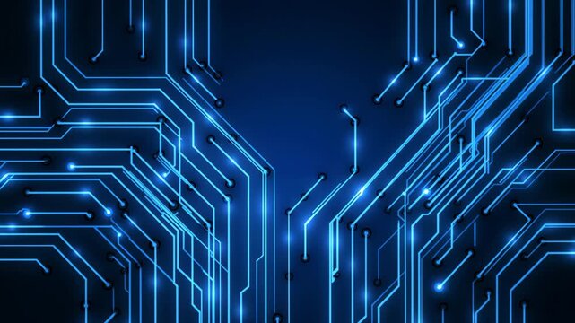 Digital circuit board glowing with futuristic blue neural connections in cyber technology background