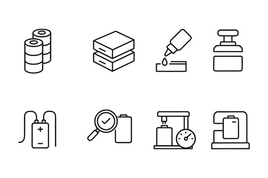 Minimalist linear icons of household items and tools set on white background