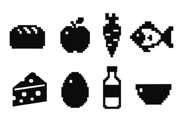 Retro pixel food icons: bread, apple, carrot, fish, cheese, egg, bottle, bowl