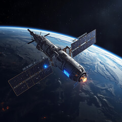 Obraz premium A large spacecraft is currently in orbit around Earth.