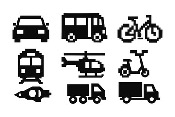 Pixel art transportation icons: cars, bicycles, trains, and more