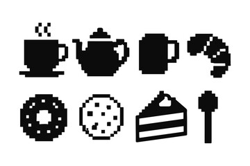 Pixel art coffee and dessert icons: cup, teapot, pastry, and spoon