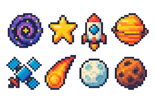 Retro pixel space icons: star, rocket, planets, and more in 8-bit style