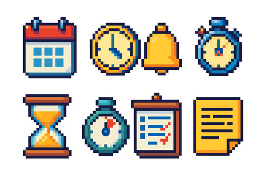 Pixel art icons of clocks, calendar, and notes for time management themes