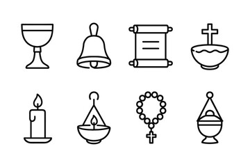 Set of linear christian symbols: chalice, cross, rosary, and more