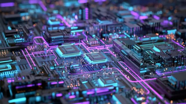 Futuristic neon motherboard with glowing microchips and vibrant circuit pathways in cyber technology