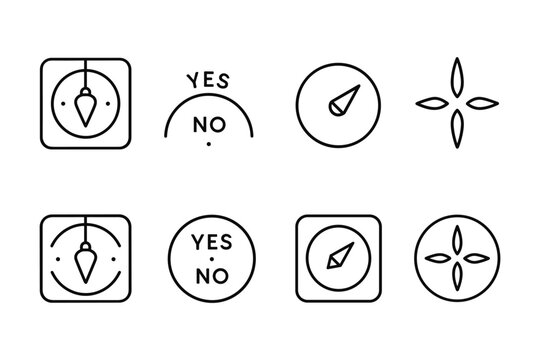 Minimalist dowsing pendulum and compass icon set for decision making
