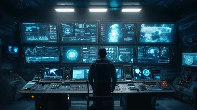 Futuristic control room with advanced blue digital screens and high-tech monitoring displays
