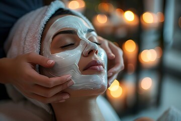 A woman enjoys a soothing facial treatment while lying on a treatment table. Soft candlelight creates a tranquil atmosphere, enhancing the relaxation experience and promoting self-care