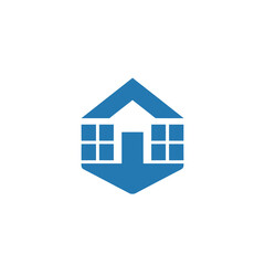 Modern blue abstract house icon with windows and door