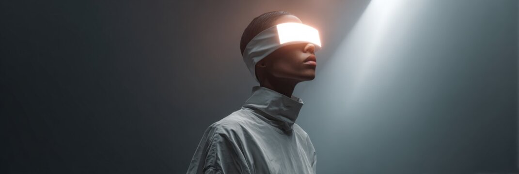 Futuristic technology concept with asian female adult in virtual reality headset