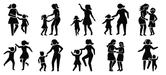 mother dancing with icon set, black color and white background