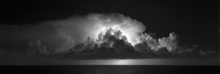 Dramatic black and white ocean storm with lightning illuminating clouds