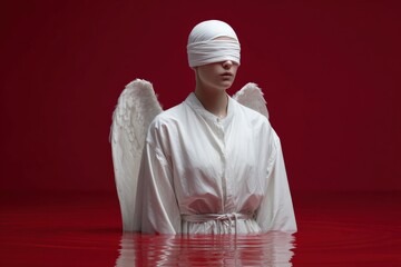Obraz premium Blindfolded female angel with wings in red water