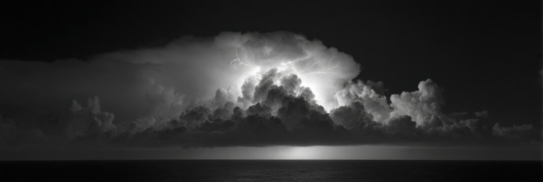 Dramatic black and white ocean storm with lightning illuminating clouds