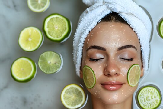 A woman lies back in a spa setting with lime slices on her face and water droplets glistening on her skin. She looks serene and refreshed as she enjoys a moment of self-care - Powered by Adobe