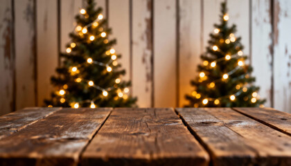 Wooden table in front of Christmas trees with warm lights