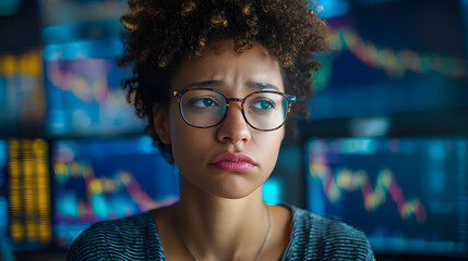 Trading Anxiety: A concerned trader, illuminated by the cold glow of multiple monitors displaying volatile market charts, wears an expression of worry. 
