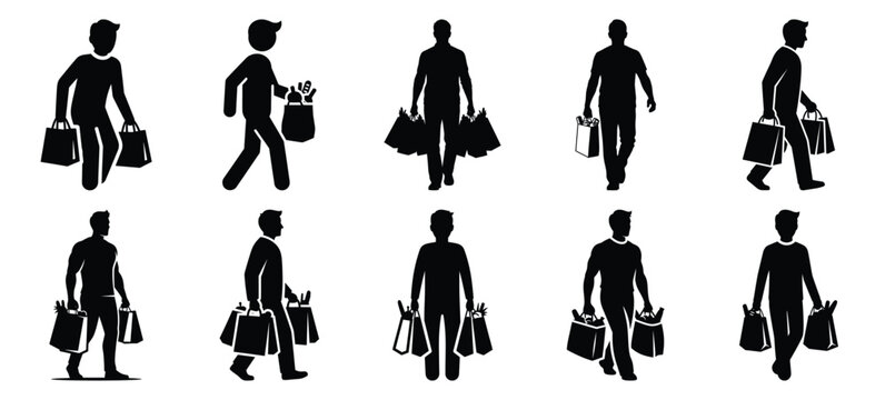 dad carrying groceries icon set, black color and white background